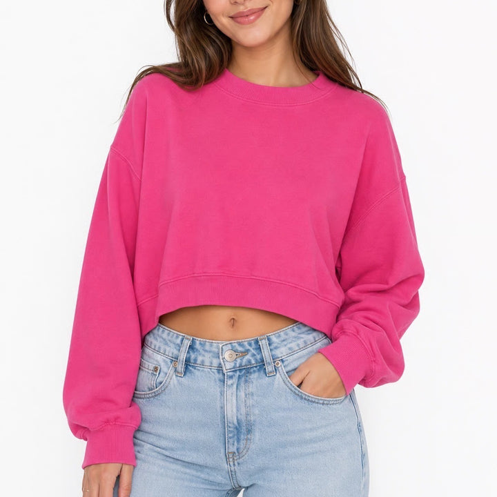 Old Navy Womens Hot Pink Cropped Sweatshirt Relaxed Crew Neck Fleece Medium
