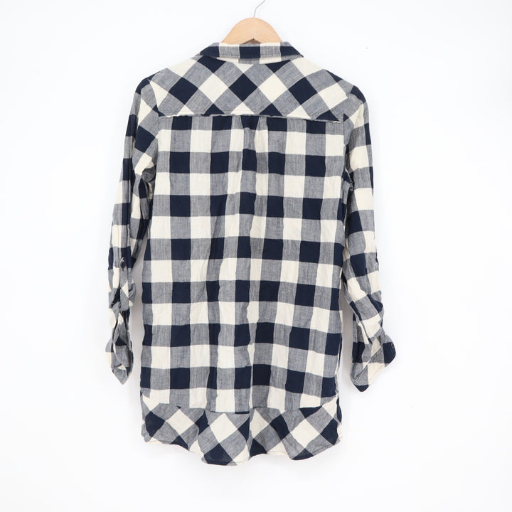 Thursday Island Navy Cream Buffalo Plaid Roll Tab Sleeve Tunic Shirt Size M