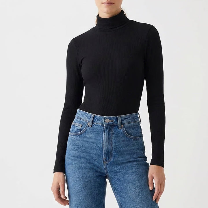 Mangopop Black Ribbed Mock Neck Long Sleeve Bodysuit Size L KLB 261