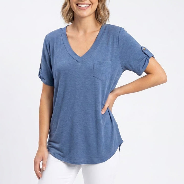 Haute Fox Blue V-Neck Roll-Tab Sleeve Pocket Tunic Top Womens 2X XXL