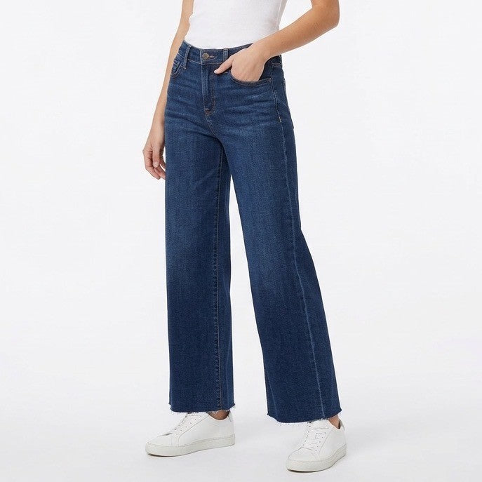 Hidden Los Angeles Jeans Womens 26 Blue Denim Whiskered Stretch Raw Hem Wide Leg