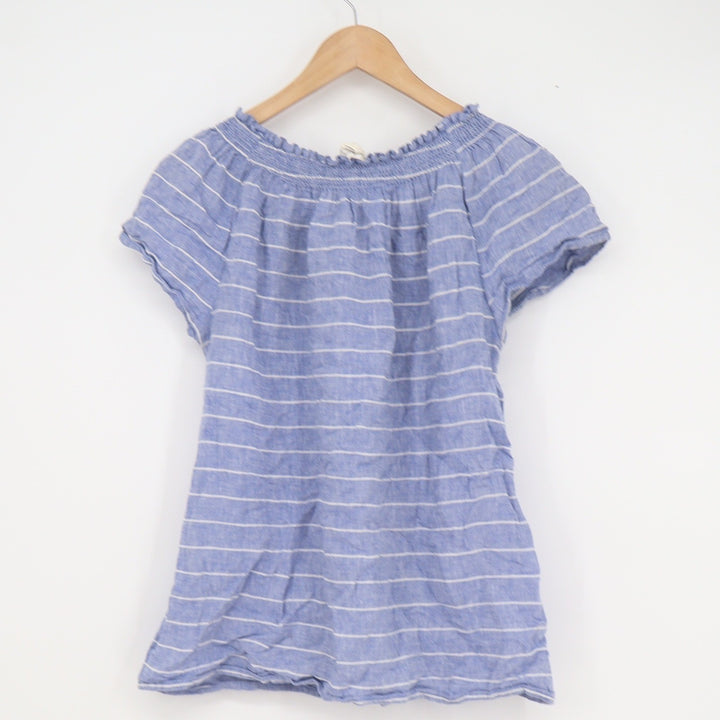 Beachlunchlounge Blue White Striped Linen Blend Smocked Neck Blouse Small