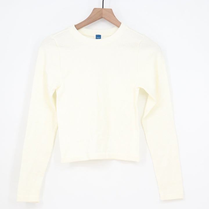 Old Navy Womens Seamless Ribbed Long Sleeve Crew Neck Top Cream Large