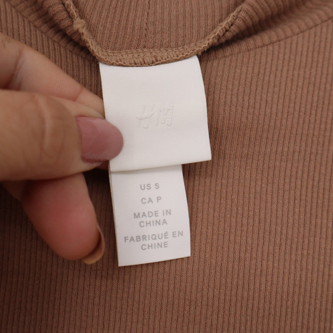 HM Womens Mock Neck Ribbed Long Sleeve Bodysuit Tan Camel Brown Small