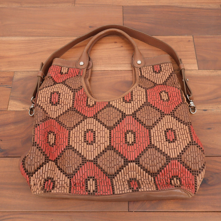 Lockheart Brown Woven Leather Geometric Tote Bag Satchel Shoulder Bag