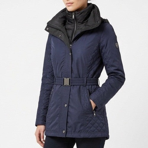 Jessica Simpson Quilted Jacket Women XS Navy Full Zip Detachable Hood Waist Belt