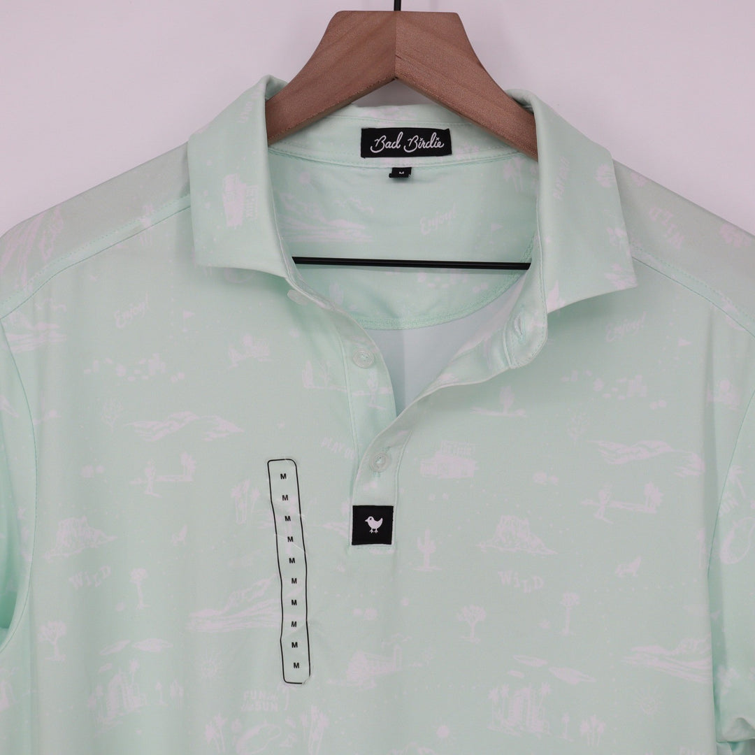 Bad Birdie Mens Mint Green Desert Print Performance Golf Polo Shirt Size M