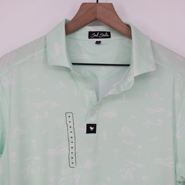 Bad Birdie Mens Mint Green Desert Print Performance Golf Polo Shirt Size M