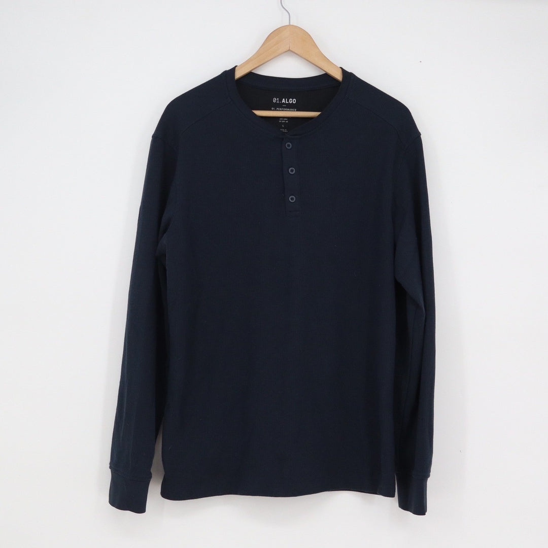 01.ALGO Performance Mens Navy Blue Long Sleeve Henley Shirt Size L Quick Dry SPF
