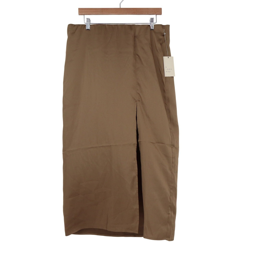 A New Day Tan Front Slit Midi Skirt High Waisted Brown L NEW