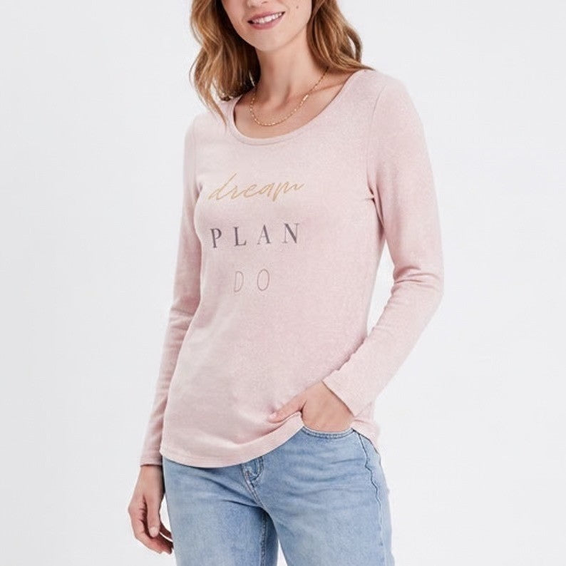 Danskin Womens Pink Dream Plan Do Graphic Long Sleeve Tunic Tee Shirt Small