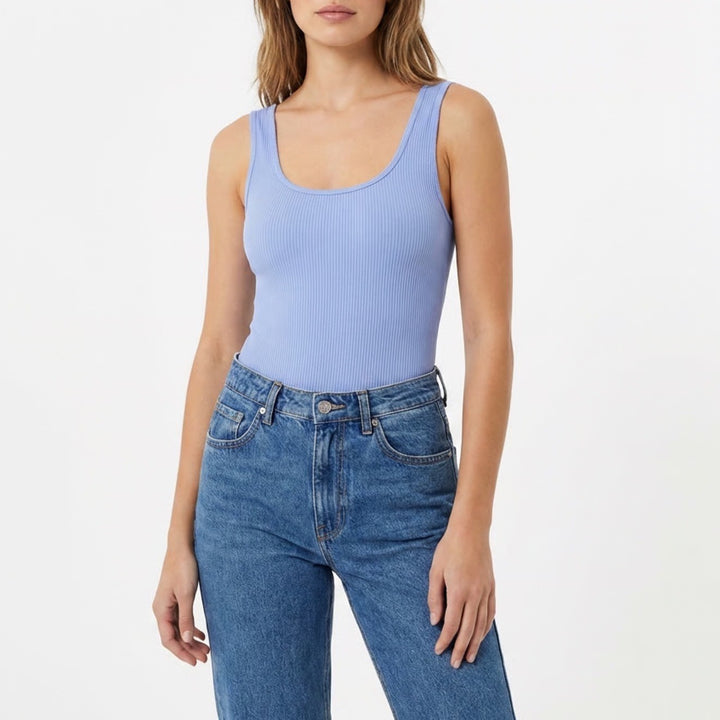 One Piece Bodysuit Womens Medium Blue Cotton Knitted Square Neck Wide Strap