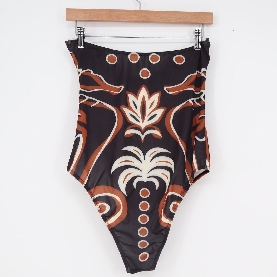 Black Terracotta Tribal Print Strapless High Cut One Piece Swimsuit Large