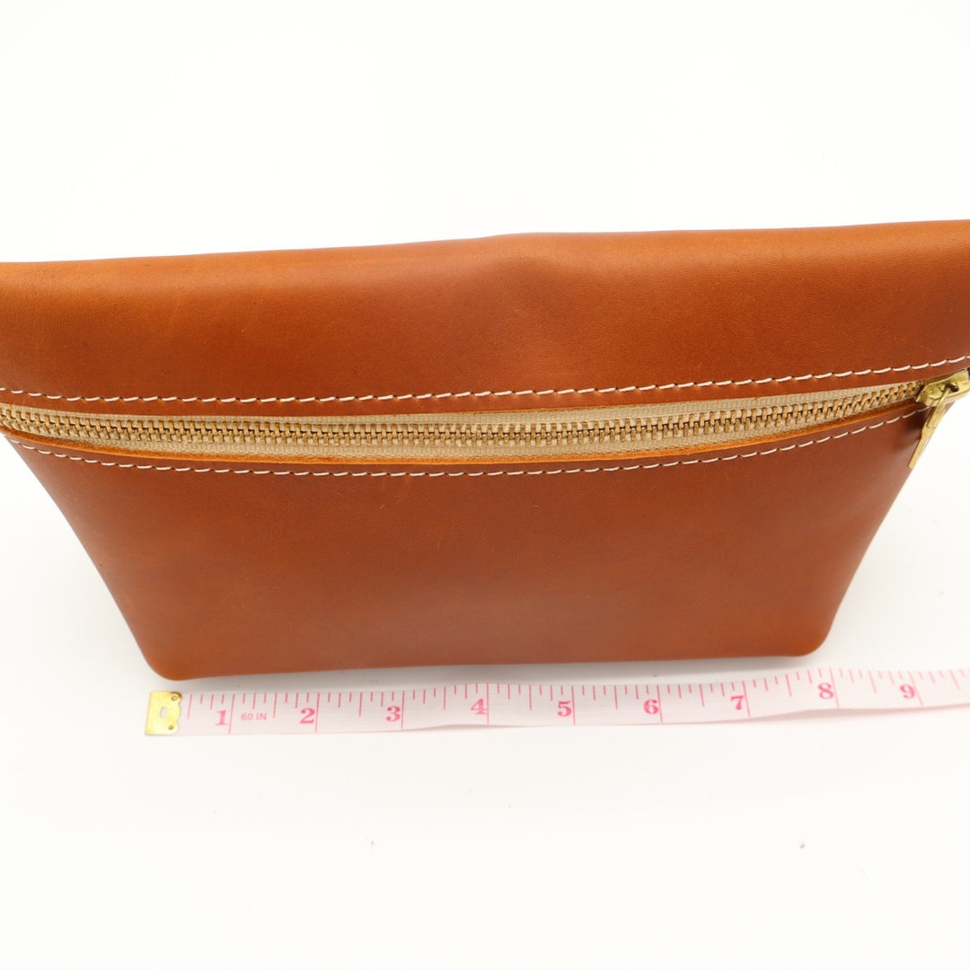 Womens Handbag Brown Honey Cognac Leather Sturdy Zipper Makeup Bag
