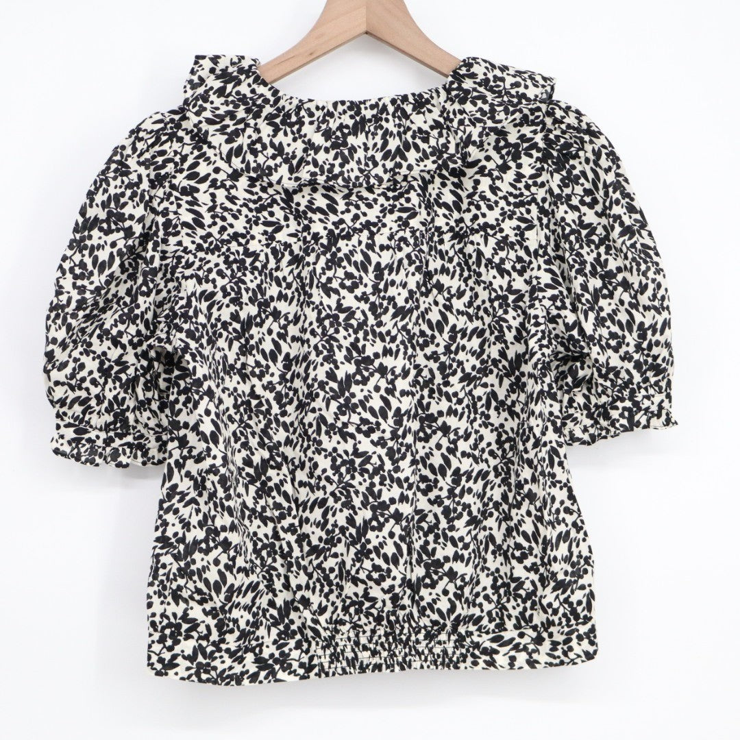 Madewell Top Womens Small Black White Floral Ruffled Button Front Puff Sleeve
