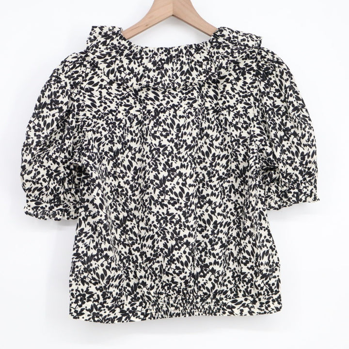 Madewell Top Womens Small Black White Floral Ruffled Button Front Puff Sleeve