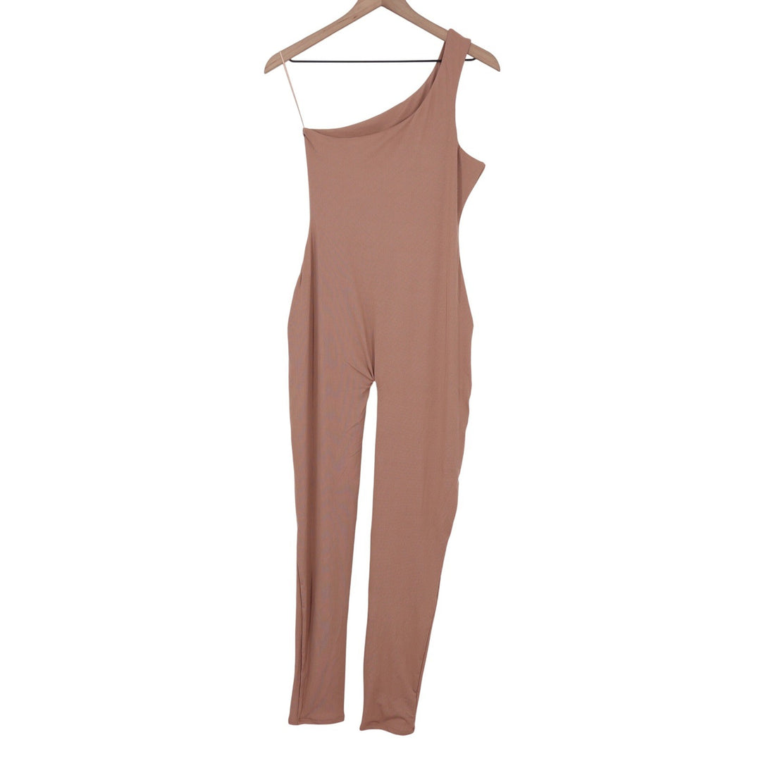 Naked Wardrobe One Shoulder Ribbed Jumpsuit Coco Brown L