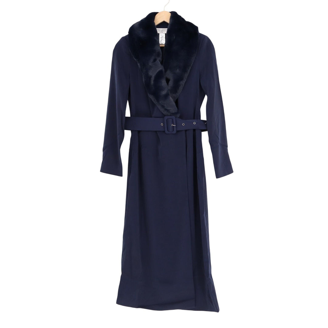 Naked Wardrobe The Statement Trench Coat Womens XS Navy Fur Trim Lined Stretch