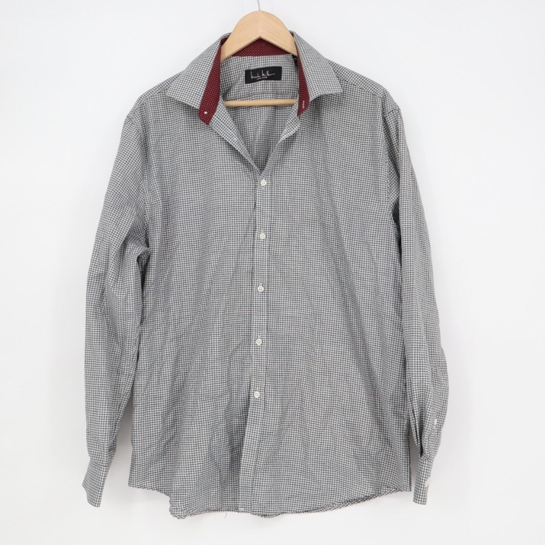 Nicole Miller Dress Shirt Mens L (16-16.5) Black White Gingham Check Button Up
