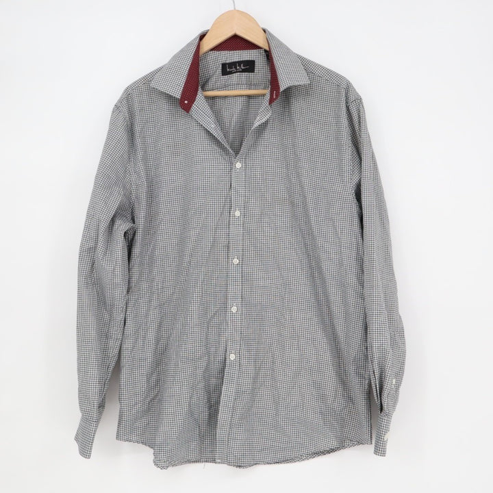 Nicole Miller Dress Shirt Mens L (16-16.5) Black White Gingham Check Button Up