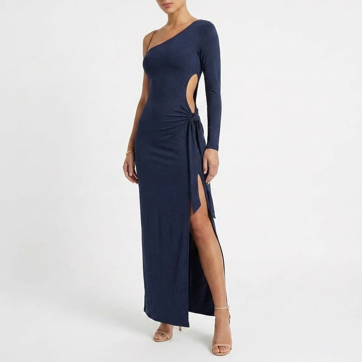 Naked Wardrobe Navy Blue One Shoulder Side Tie Maxi Dress Small