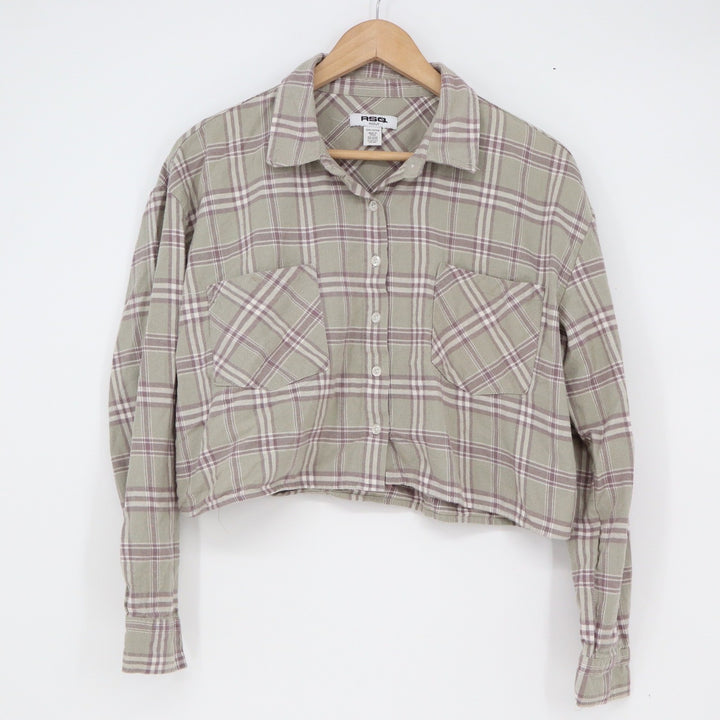 RSQ Womens Plaid Cropped Button Down Shirt Green Purple Cotton Size Medium