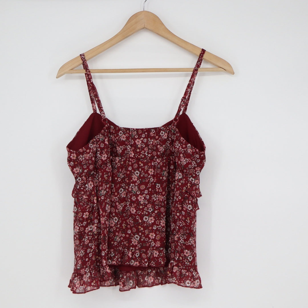 No Boundaries Burgundy Floral Ruffle Cami Top Medium Adjustable Straps Chiffon