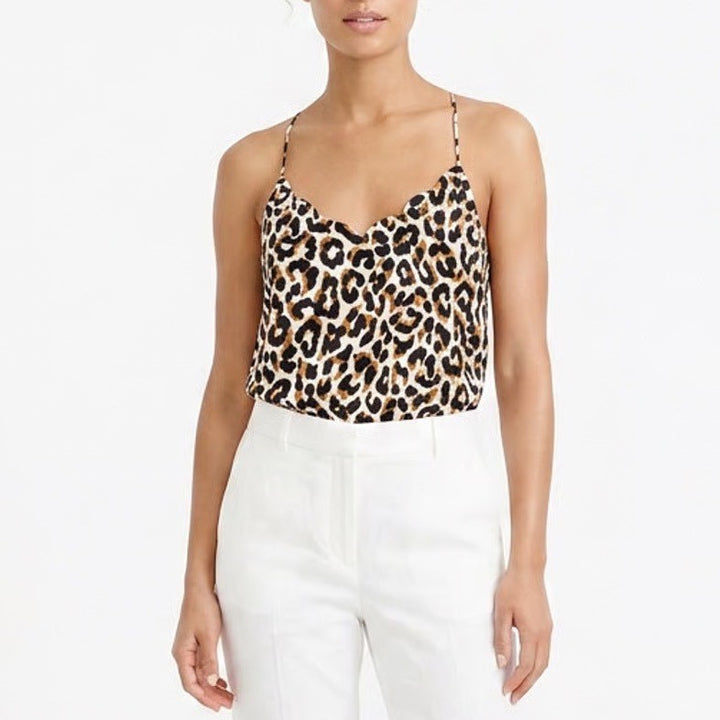 J.Crew Leopard Print Scalloped V-Neck Camisole Tank Top Womens 14 Brown Black
