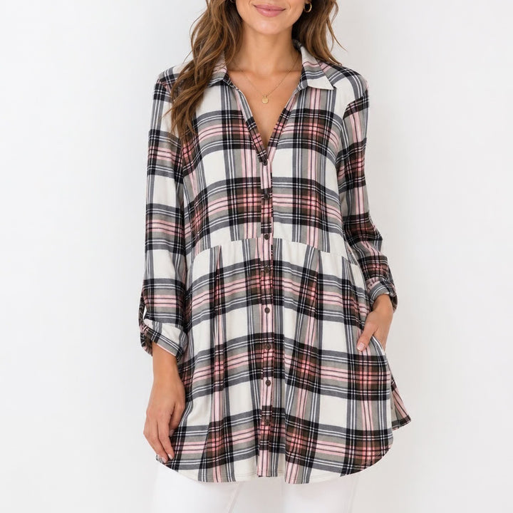 Derek Heart Pink White Black Plaid Empire Waist Roll Tab Tunic Top XL