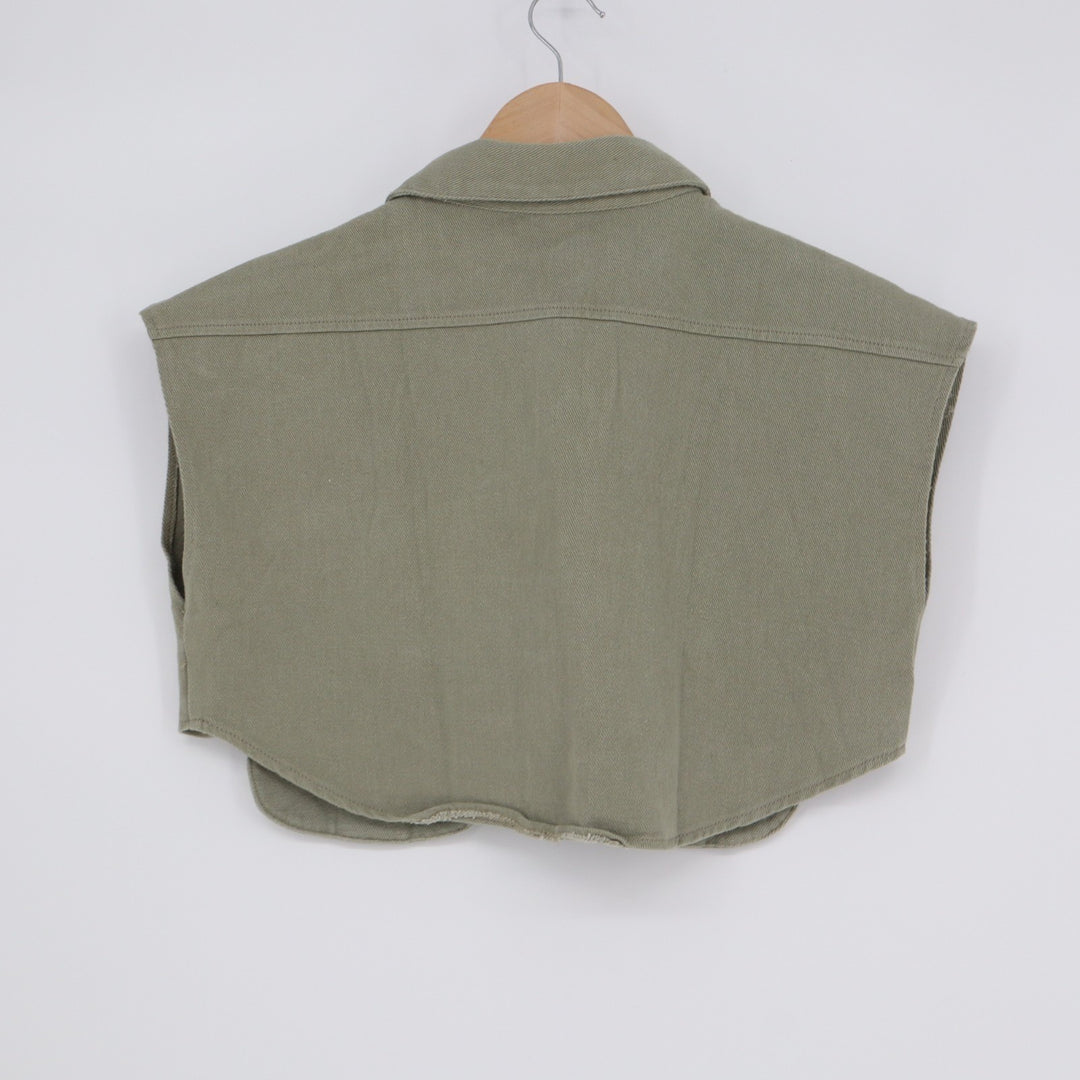 Cropped Vest Womens M Olive Green Denim Spread Collar Button Front Patch Pockets