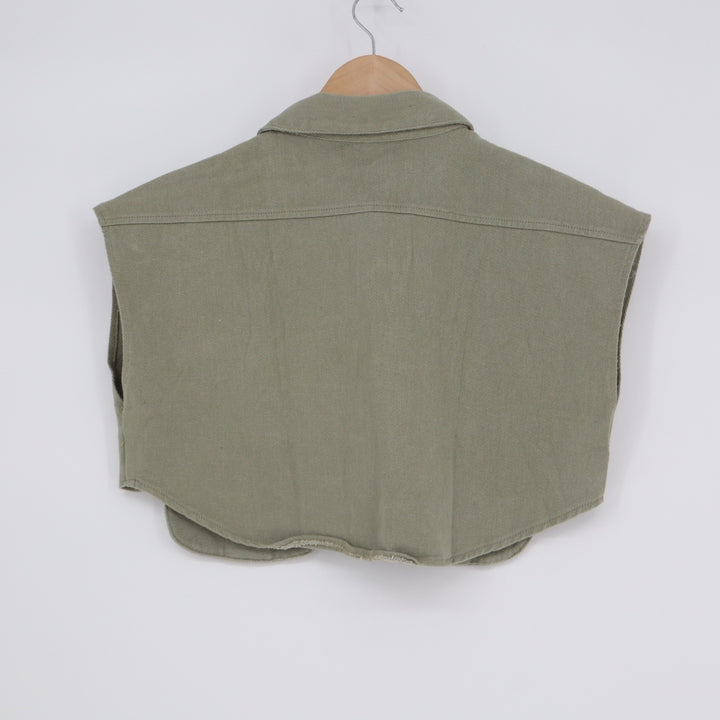 Cropped Vest Womens M Olive Green Denim Spread Collar Button Front Patch Pockets