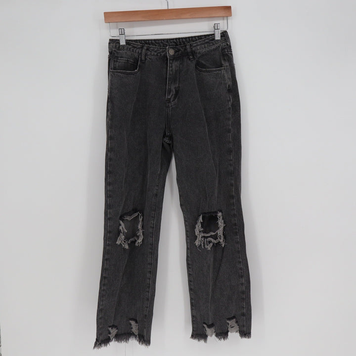 Fate Womens Distressed Straight Leg Jeans Black Washed Frayed Hem Size S