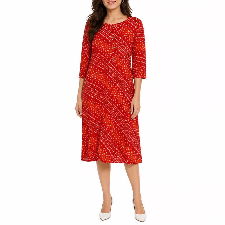 MR Red Bandhani Print Kurta Tunic Gold Foil Accents 3/4 Sleeve Size M