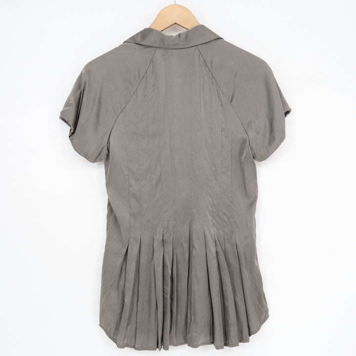 BCBGMAXAZRIA Blouse Top Womens Small Gray Silk Stretch Pintuck Detail V Neck