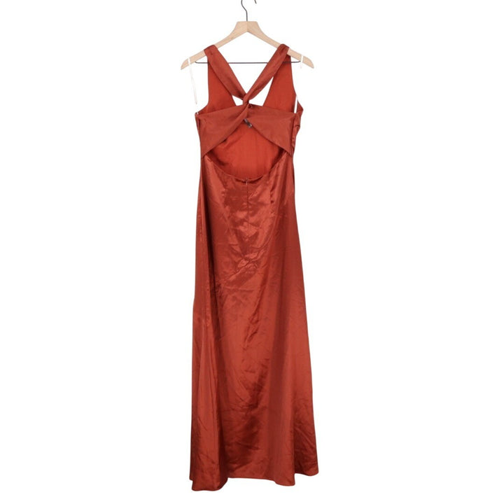 Lulus Purely Elegant Maxi Dress Womens Medium Rust Brown Satin Twist-Back Lined