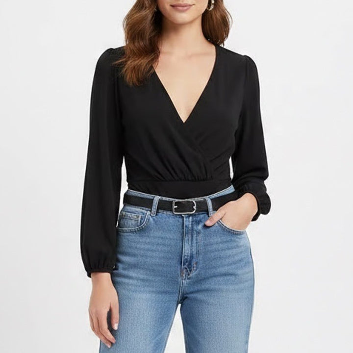 Bodysuit One Piece Womens 2XL Black Stretch Pleated Wrap V-Neck Long Sleeve