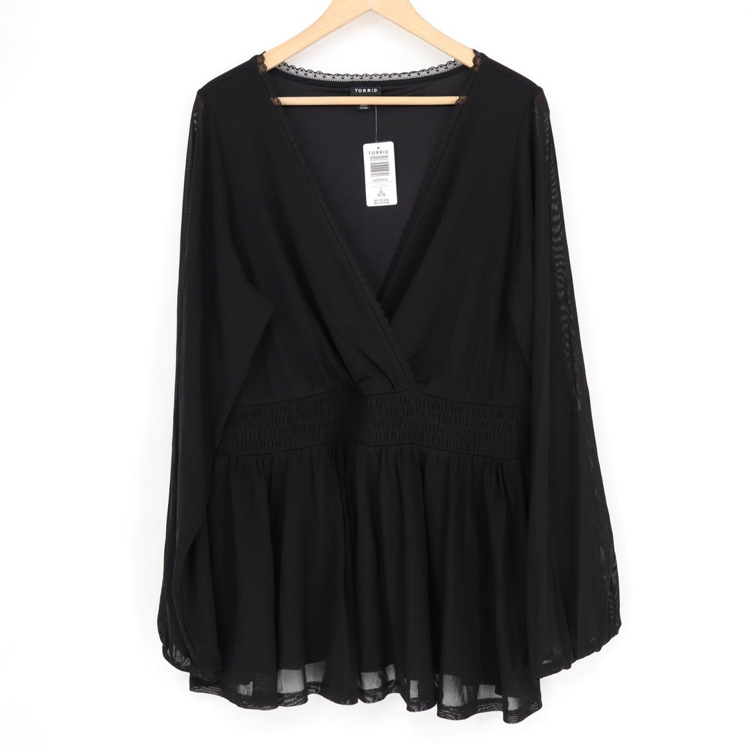 Torrid Babydoll Top Womens 2x Deep Black Nylon Stretch Mesh Smocked Waist V-Neck