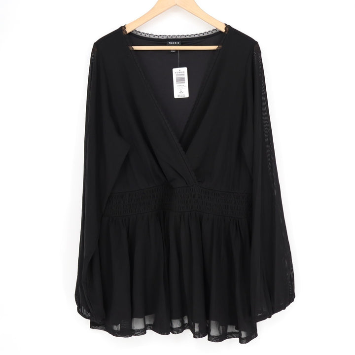 Torrid Babydoll Top Womens 2x Deep Black Nylon Stretch Mesh Smocked Waist V-Neck
