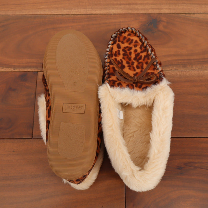 J.Crew Womens Leopard Print Faux Fur Lined Moccasin Slippers Brown Size 8