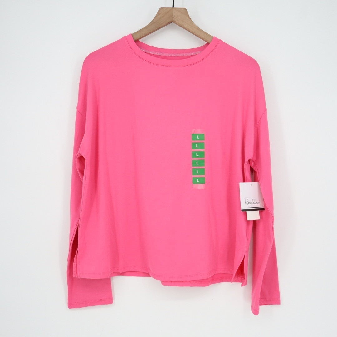 Roudelain Pajama Shirt Women Large Pink Stretch Long Sleeve Round Neck Side Slit