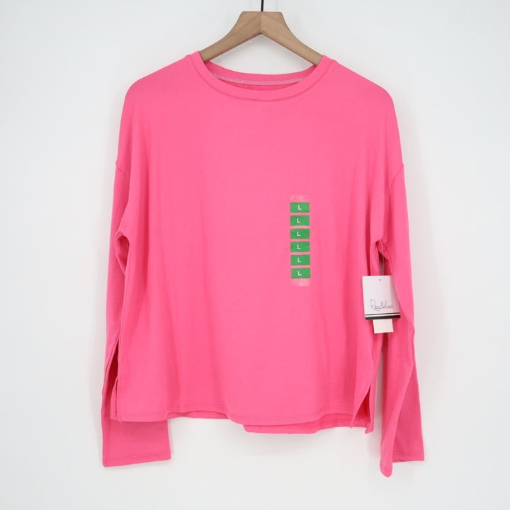 Roudelain Pajama Shirt Women Large Pink Stretch Long Sleeve Round Neck Side Slit