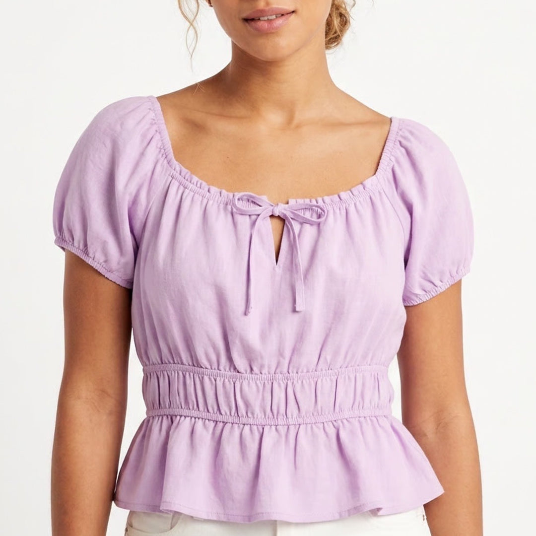 Pink Rose Blouse Top Womens L Purple Stretch Drawstring Tie Pleated Short Sleeve
