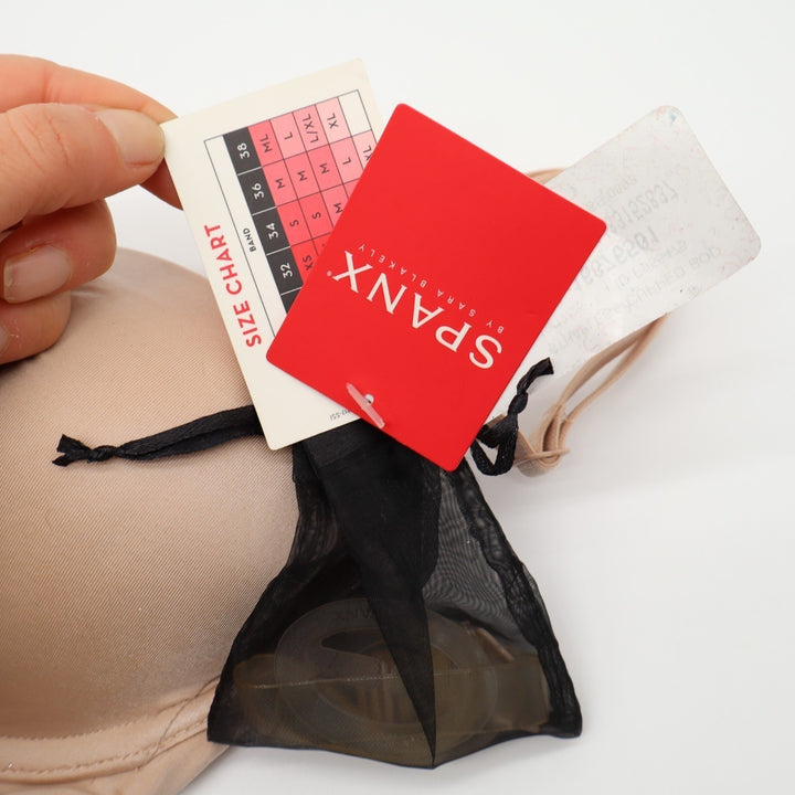Spanx Plunge Low-Back Mid-Thigh Bodysuit Women XS Beige Stretch Adjustable Strap