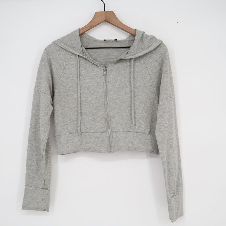 Gray Cropped Zip Up Hoodie Heathered Lightweight Long Sleeve Sweatshirt