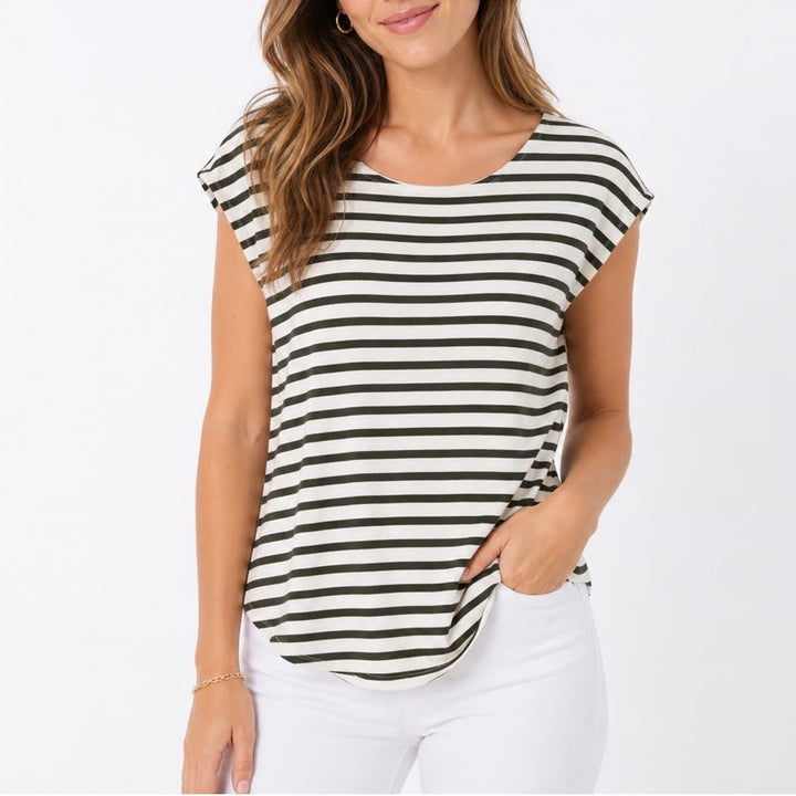 Green Envelope Los Angeles Olive Green Striped Cap Sleeve Top Size L