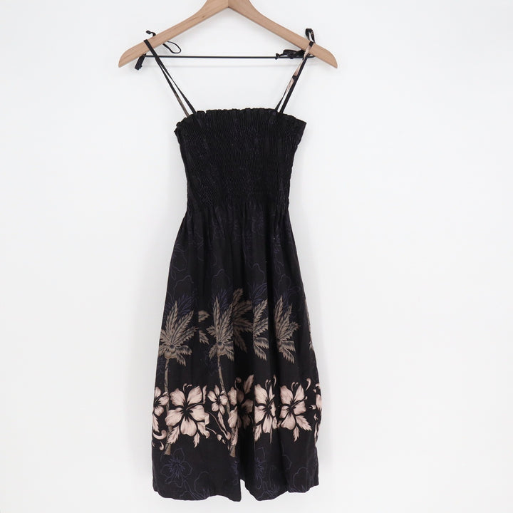 Vintage Made in Hawaii Black Tropical Palm Hibiscus Smocked Sun Dress Large L