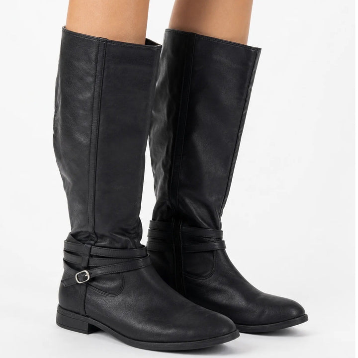 Kohls Womens 9.5 Black Tall Riding Boots Knee High Buckle Strap
