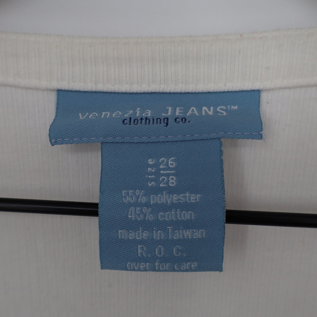Venezia Jeans Cream Ribbed Button Front Short Sleeve Top Plus Size 26/28 V-Neck