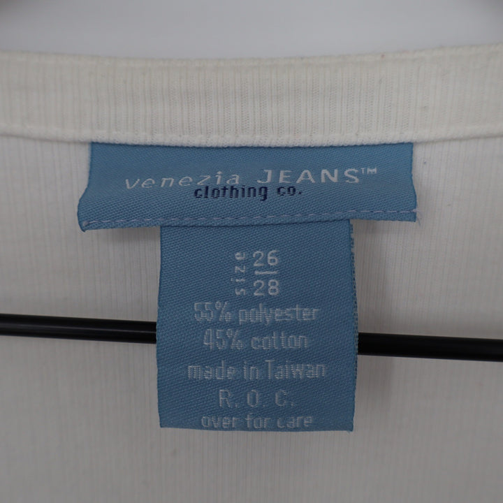 Venezia Jeans Cream Ribbed Button Front Short Sleeve Top Plus Size 26/28 V-Neck