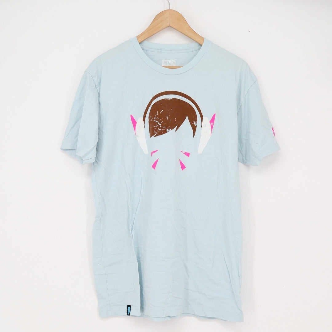 Blizzard T-Shirt Mens L Overwatch D.Va Graphic Light Blue Gamer Tee Excellent